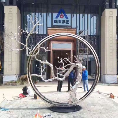 不銹鋼景區鏡面抽象圓環樹枝雕塑